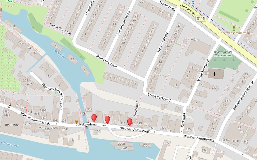 kaart plek Nieuwendammerdijk 303, 307 en 317