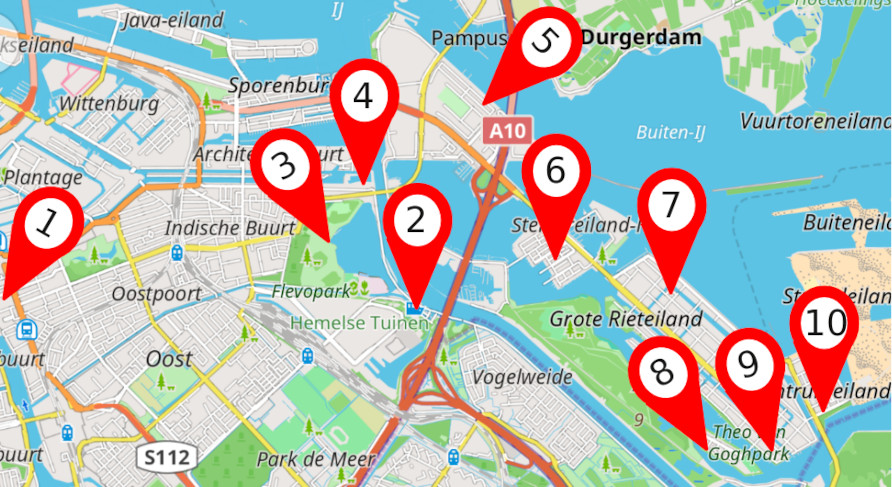 Kaart plekken in stadsdeel Oost